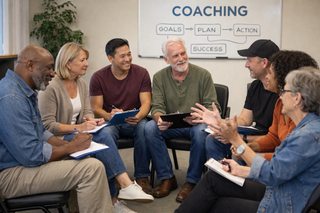 A diverse group of adult coaches seated in a circle, engaged in discussion and note-taking during a group coaching session. A whiteboard behind them displays the words “Coaching,” “Goals,” “Plan,” “Action,” and “Success,” illustrating a collaborative coaching process.